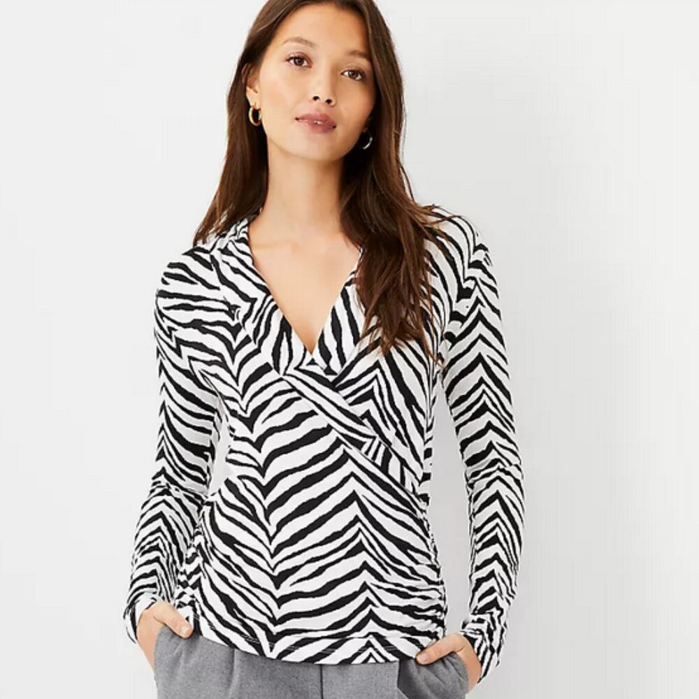 J Crew Women's Zebra Print Shawl Collar Wrap Top XS White Black Shirt Blouse
